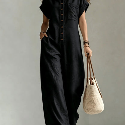 Women's Summer Short Sleeve Jumpsuit/Collared Single-Row Button Loose Straight Style/Casual Cargo Overalls/Loose Straight Drape Long Pants/Daily Commute Casual All-Match Fashion Comfortable