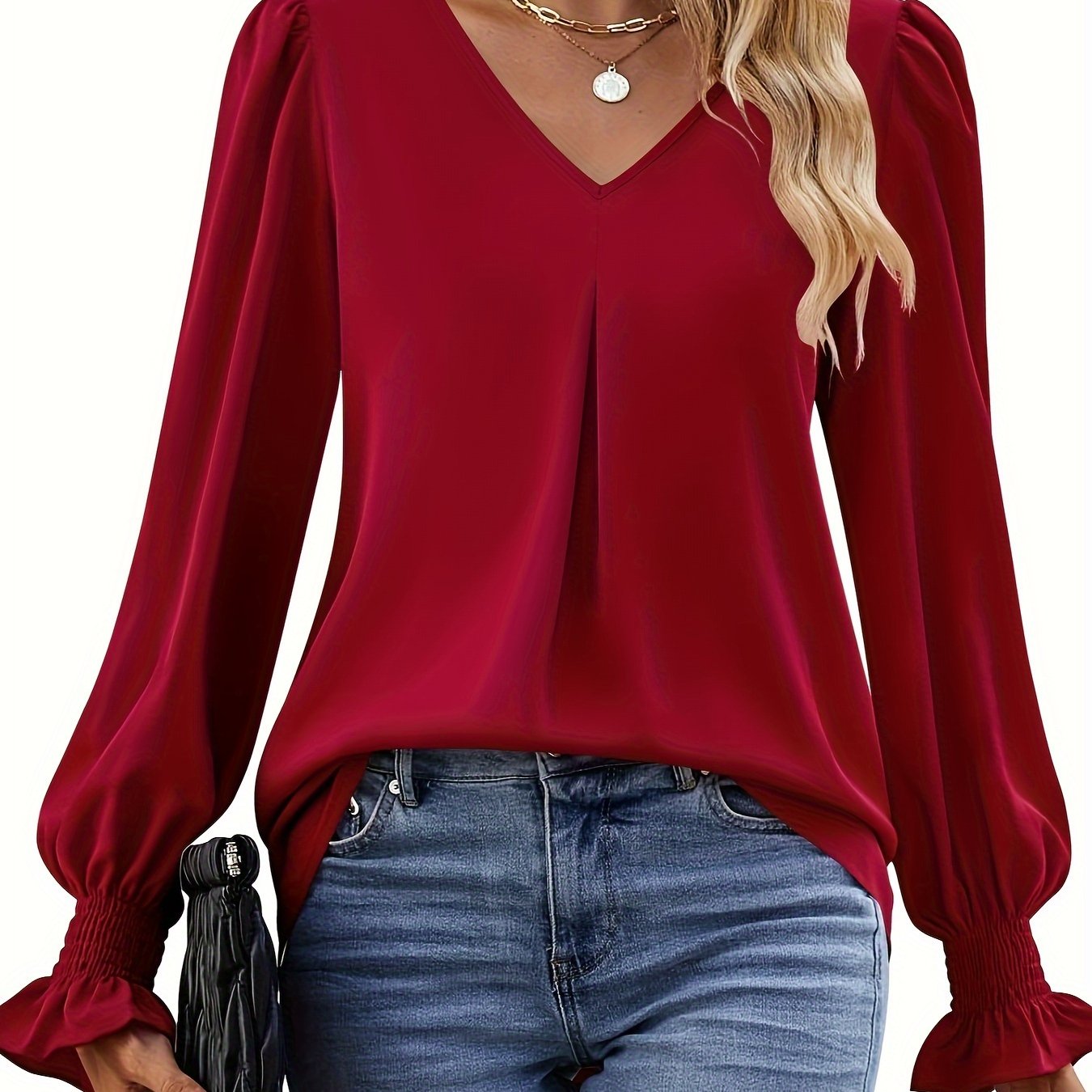 Long Sleeve Top Dress Casual V-neck Shirt Loose Chiffon Top