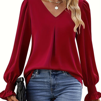 Long Sleeve Top Dress Casual V-neck Shirt Loose Chiffon Top