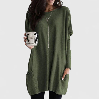 Comfortable Tunic for Women with Crew Neck Long Sleeve Oversized Pocket Casual Style