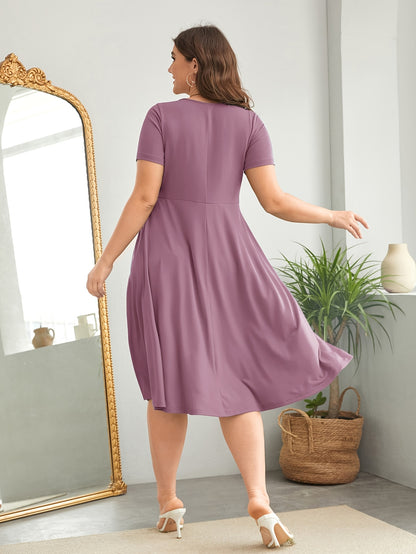 Plus Size - Plus Size - Plus Size Women'S Buttoned V-Neck Waist Dress