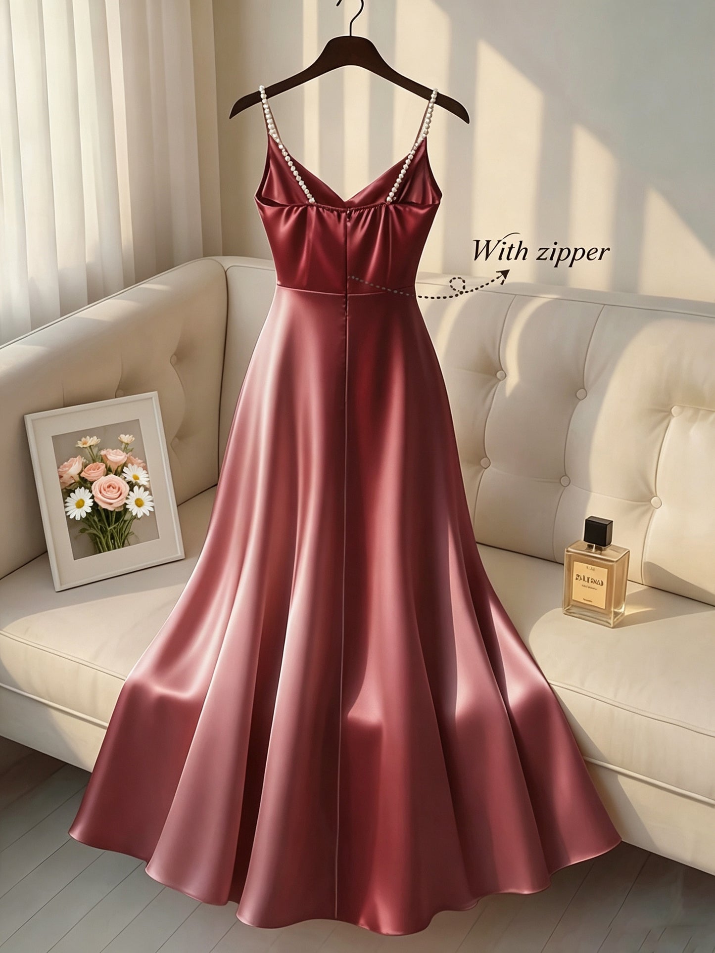 [Pearl Strap] Satin Cami Retro Dress, Suitable for Parties, Weddings, Dates, And Commuting, Luxurious Dress