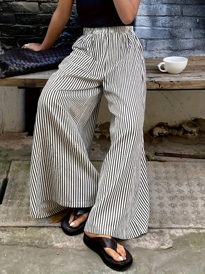 Striped Pocket Wide-Leg Pants for Women, Comfortable for All Seasons