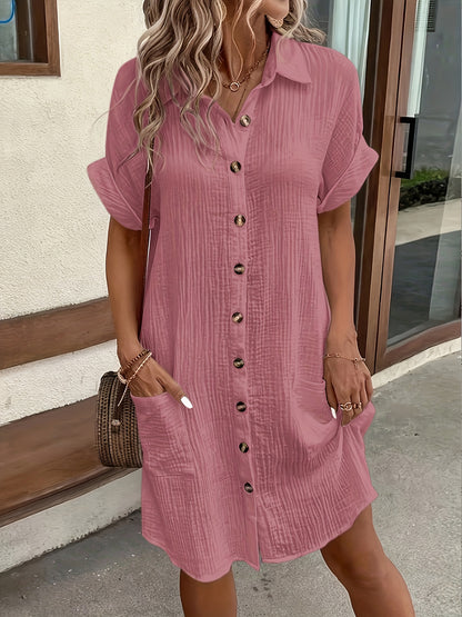 Easy Solid Color Shirt Dress, All- Breathable, Lapel Design Exudes Professionalism, Buttons Arranged in Order, Adding a Touch of Retro Charm