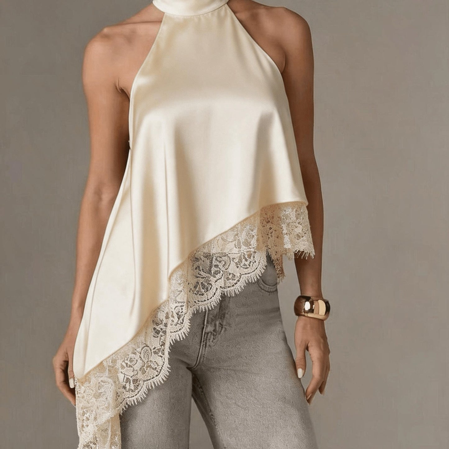 Halter Vest, Directional Style Elegant Temperament Top, Irregular Patchwork Lace Neckline