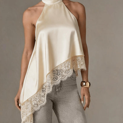 Halter Vest, Directional Style Elegant Temperament Top, Irregular Patchwork Lace Neckline