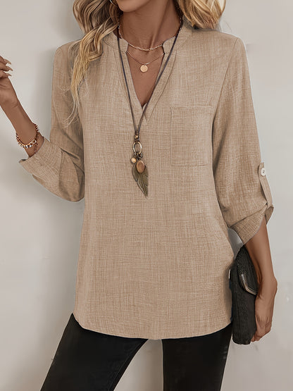 Spring And Summer Fashion Design V-Neck Mid-Length Sleeve Women'S Top, European And American Style V-Neck Shirt Women'S Roll-Up Sleeve Long-Sleeved Top Casual Commuting with Pocket Mid-Length Shirt