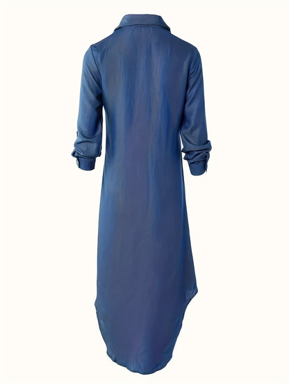 Women's Button-Up Collared Shirt Dress with Three-Quarter Sleeves, Casual Loose Summer Cover-Up Dress with Slit denim dress