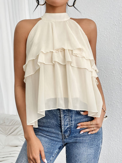 Halter Neck Ruffled Cake-Style Chiffon Blouse
