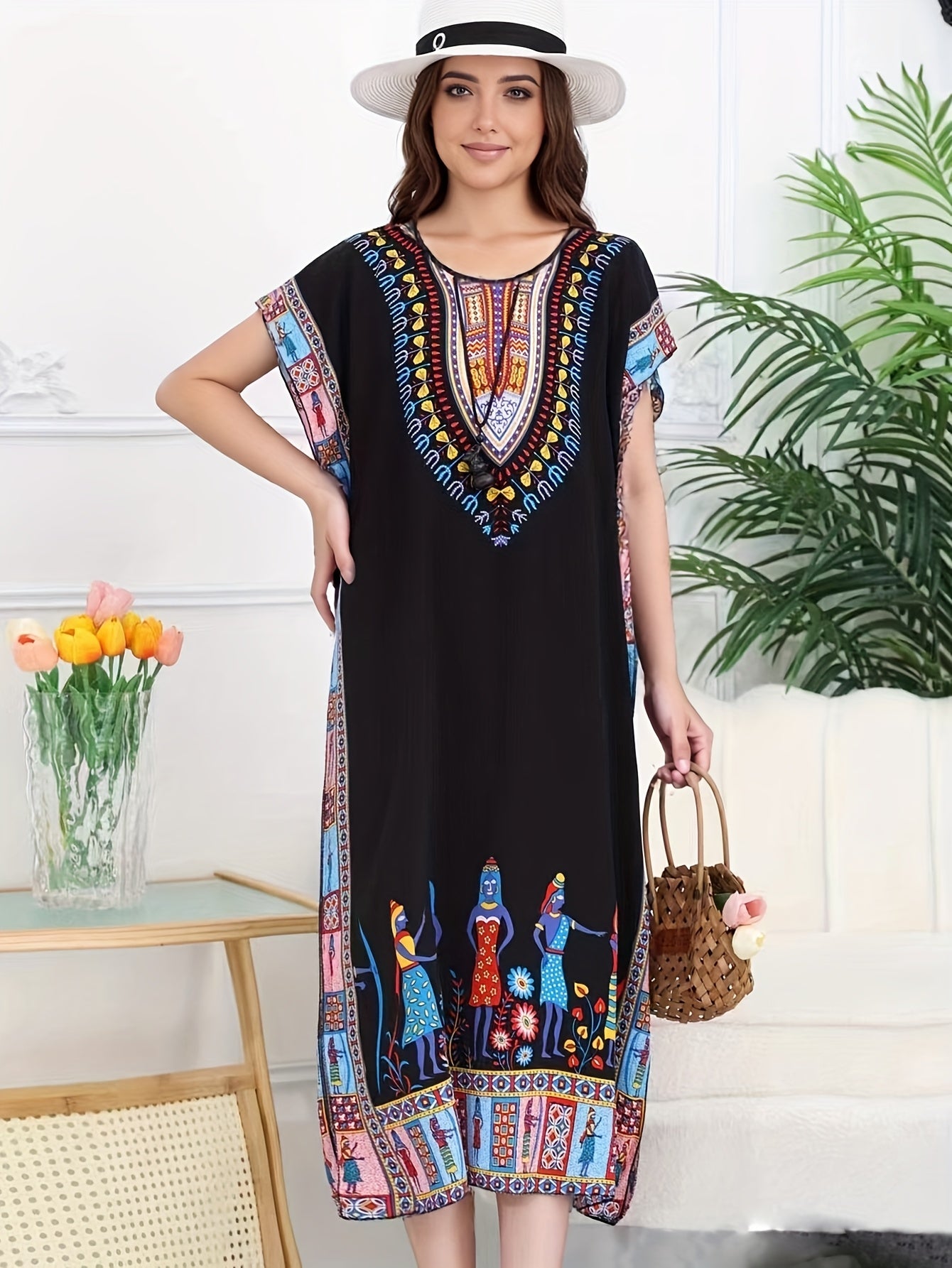 Ethnic Style Dress Summer New Bohemian Style Vacation Batwing Sleeve Dress Loose Beach Dress