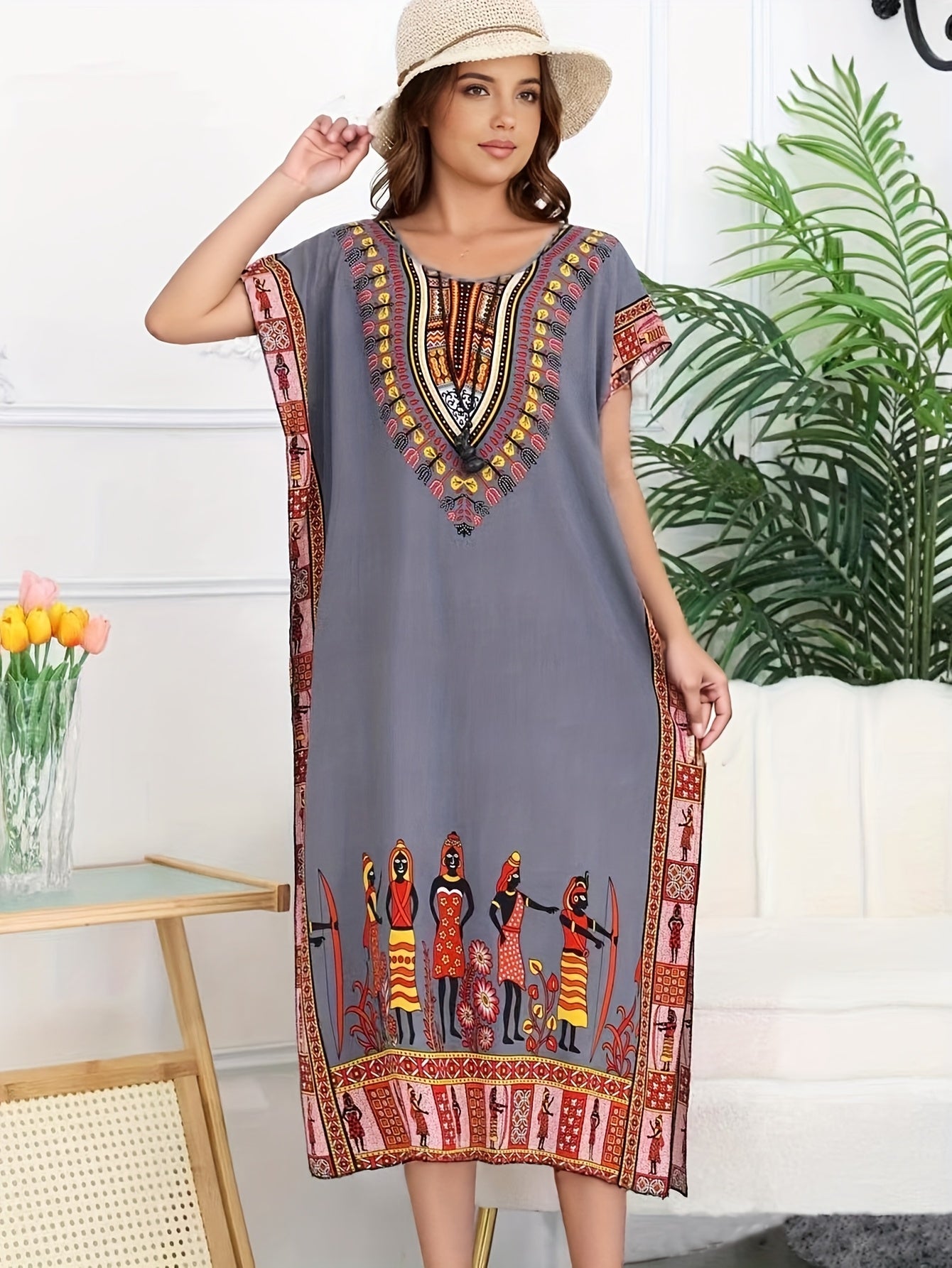 Ethnic Style Dress Summer New Bohemian Style Vacation Batwing Sleeve Dress Loose Beach Dress