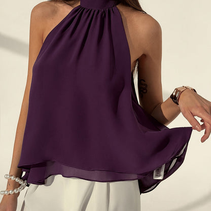 Plum Purple Women's Sexy Bohemian Minimalist Off-Shoulder Ruched Chiffon A-Line Top, Spring/Summer Style, Spring Women's Wear, Beach Vacation Outfit, Summer Holiday Attire, Casual Top, Women's Vacation Wear