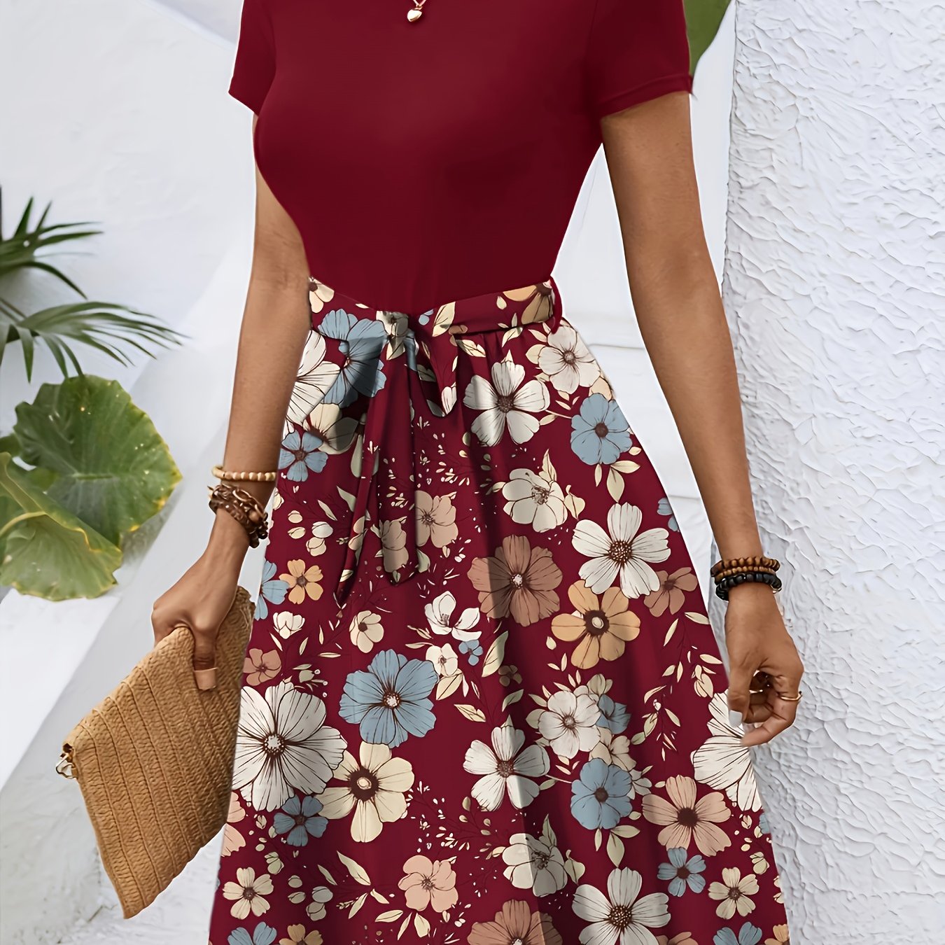 Elegant Key Monitoring Support European And American Round Neck Short-Sleeved with Belt Dress Number
