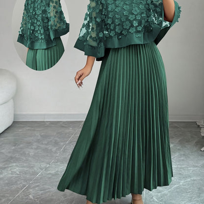 Elegant Floral Applique Two Piece Set for Women with Round Neck Flutter Sleeve Pleated Maxi Skirt Formal Style