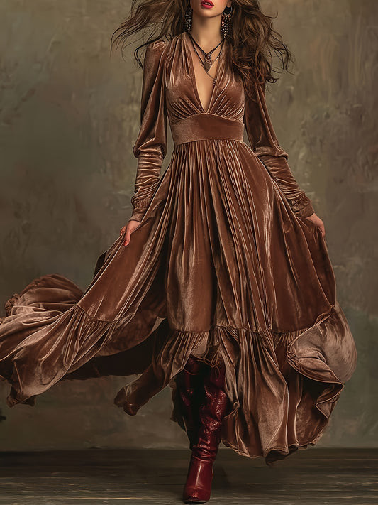 Women's Retro Oversized Skirt Long Dress, Deep V-neck Elegant Design, Solid Color Long-sleeved Women's Dress, Suitable for Parties and Parties, Perfect for Christmas and New Year Gifts.