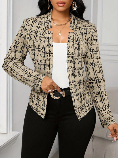 Elegant Women'S Plaid Blazer in a Beige-Brown Color Scheme, Featuring a Structured Collar Design Suitable for All Seasons. This Versatile Piece Is Perfect for Both Office And Party Settings