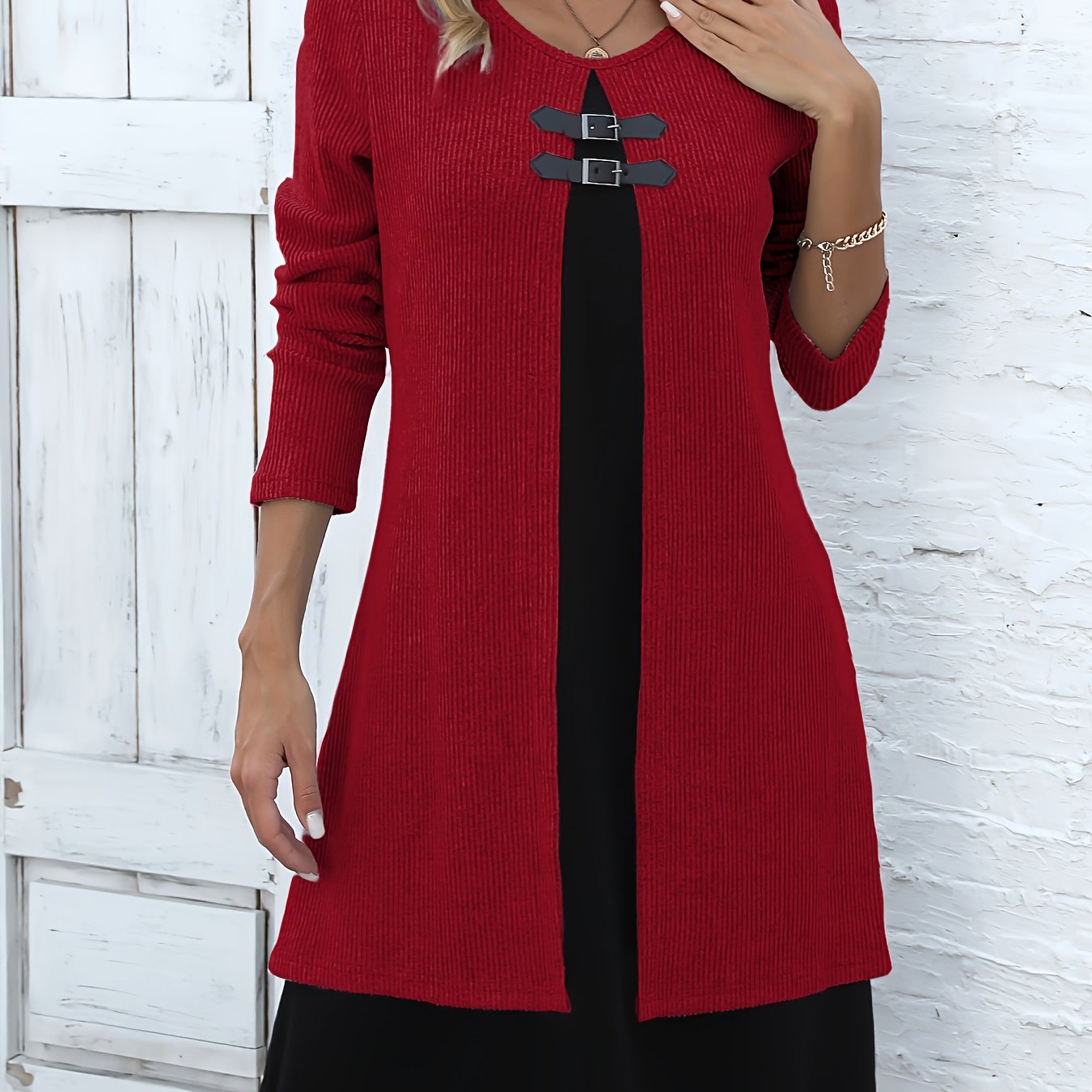 Autumn/Winter New Round Neck 2-in-1 Look Spliced Color-Block Women's Fashion Elegant Dress