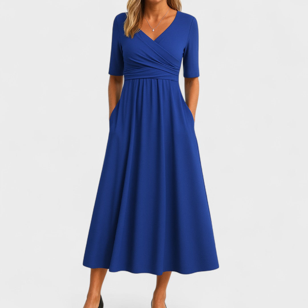 Effortless Wrap V-Neck Maxi Dress for Women with Short Sleeve Ruched Waist Pocket Casual Style