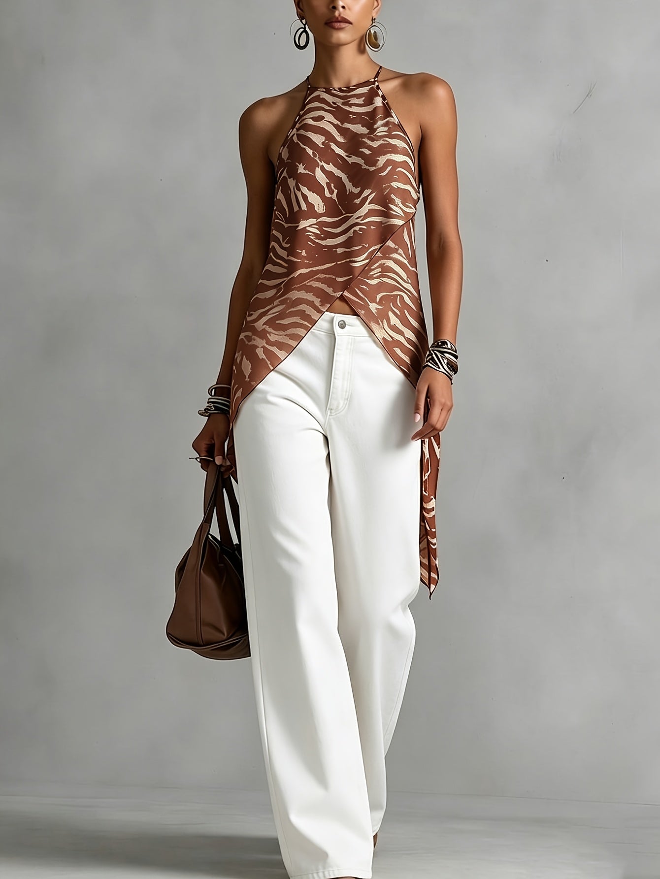 Women'S Summer Elegant Off-Shoulder Brown Zebra Print Chiffon Halter Top
