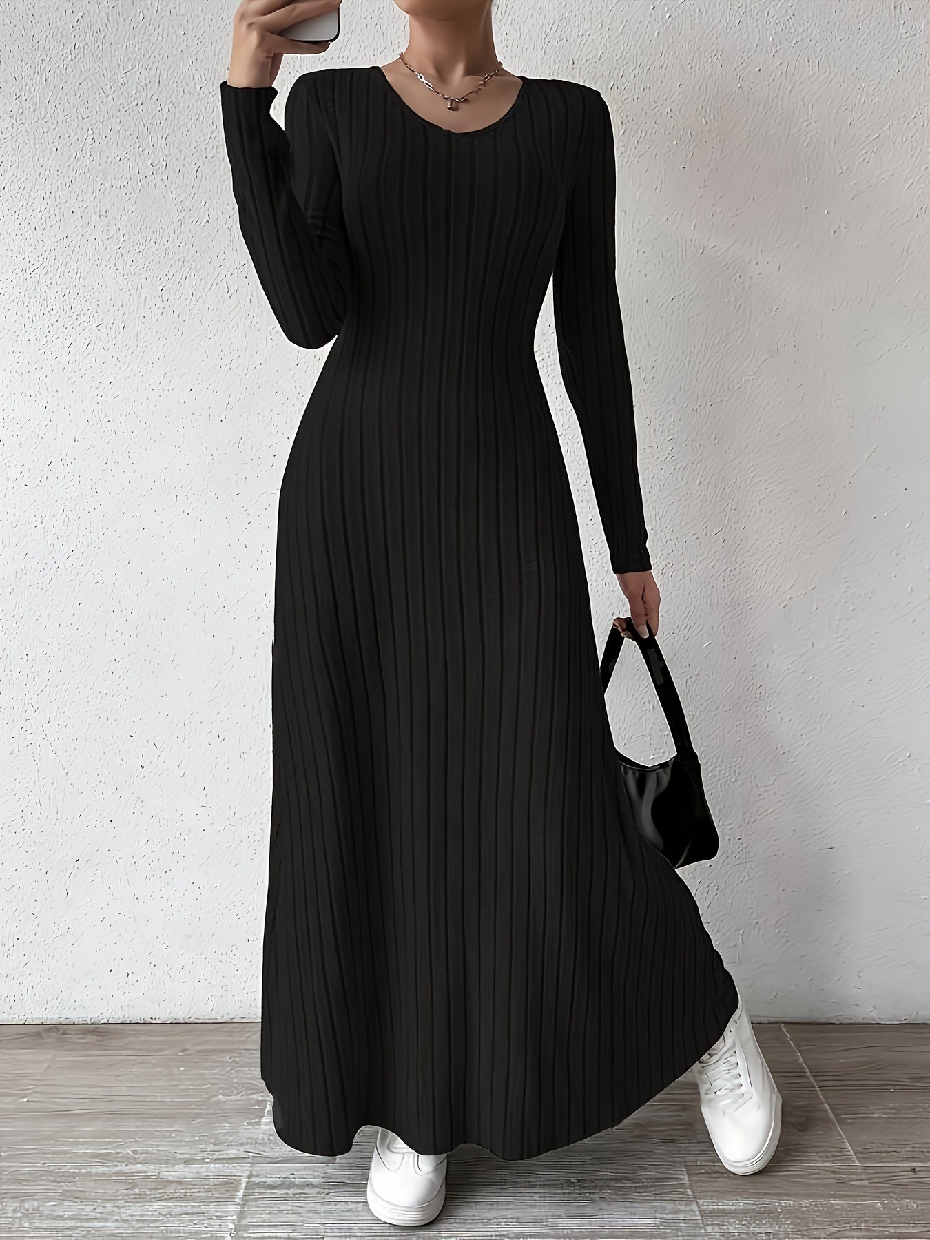 Women's Elegant V-Neck Long Sleeve A-Line Dress - Solid Color Machine Washable Fall Dress with Flattering Silhouette, Versatile for Casual & Formal Occasions, Long Sleeve Maxi Dress, Comfortable Fit