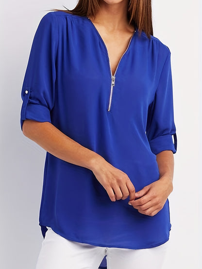 V-Neck Zipper Women'S Long-Sleeved Roll-Up Sleeve Loose Chiffon Shirt