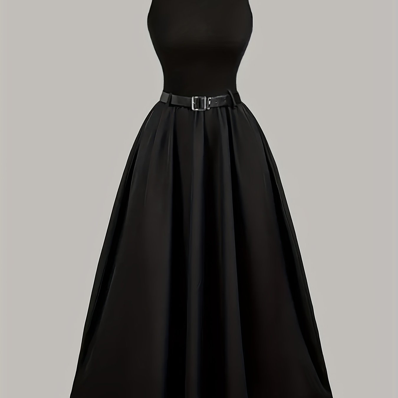Elegant Black Sleeveless A-Line Midi Dress, Adjustable Waist Belt, Cinched Waist, Flowing Skirt, Round Neck, Perfect for Spring/Summer, Adult Women's Fashion, Formal Event Attire, Sleek Fitted Top