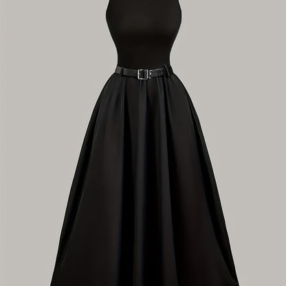 Elegant Black Sleeveless A-Line Midi Dress, Adjustable Waist Belt, Cinched Waist, Flowing Skirt, Round Neck, Perfect for Spring/Summer, Adult Women's Fashion, Formal Event Attire, Sleek Fitted Top