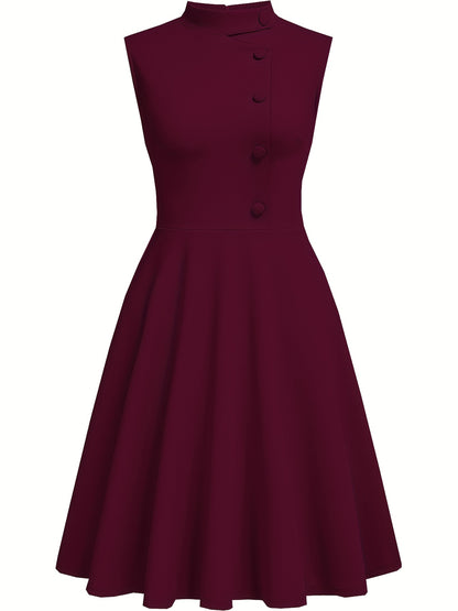 A-Line Dress, Sleeveless High-Neck with Elegant And Sophisticated Decorative Buttons, Suitable for Office And Professional Settings, for Summer