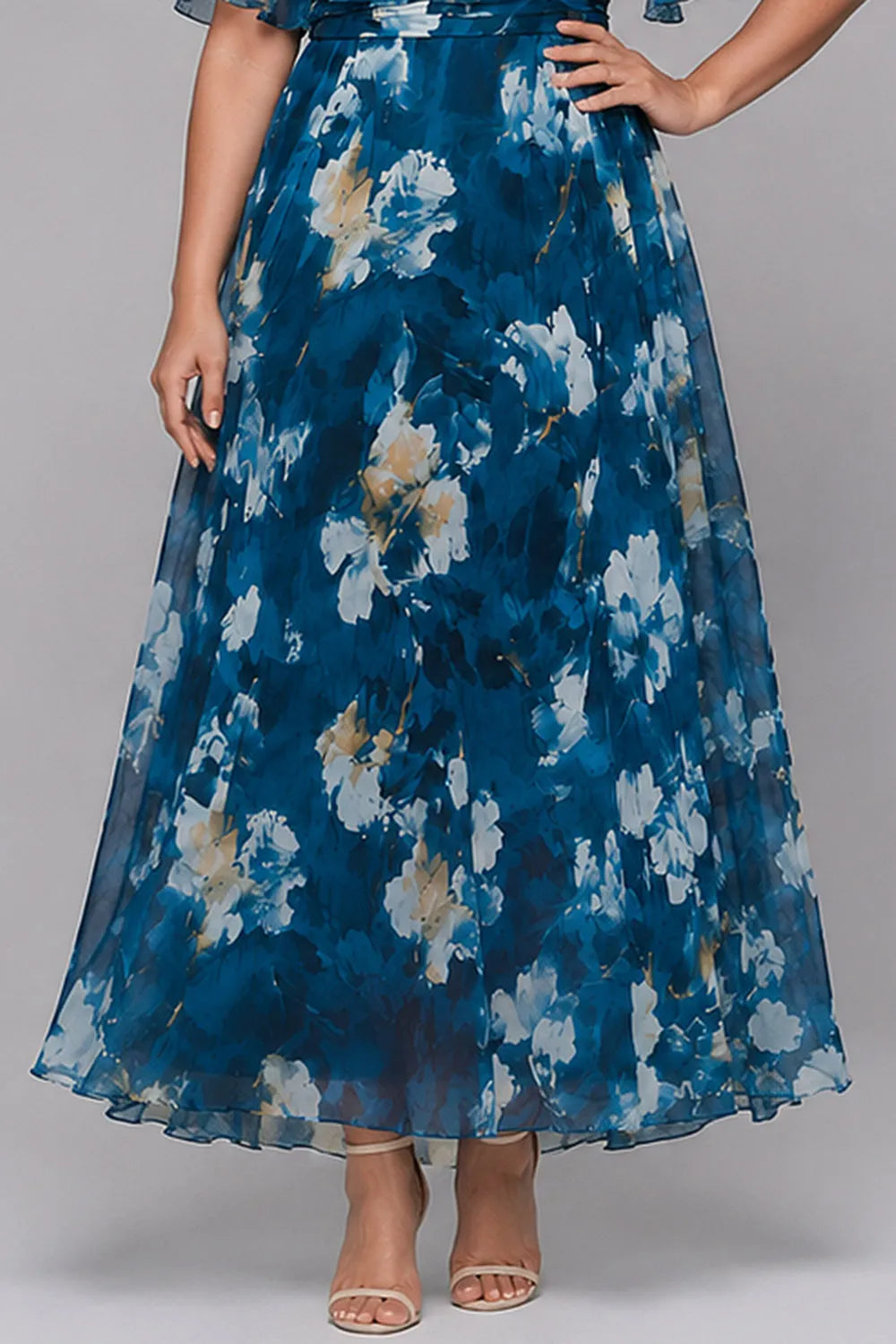 Flycurvy Plus Size Wedding Guest Blue Chiffon Floral Print Wrap Layered Flutter Sleeve Maxi Dress