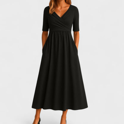 Effortless Wrap V-Neck Maxi Dress for Women with Short Sleeve Ruched Waist Pocket Casual Style