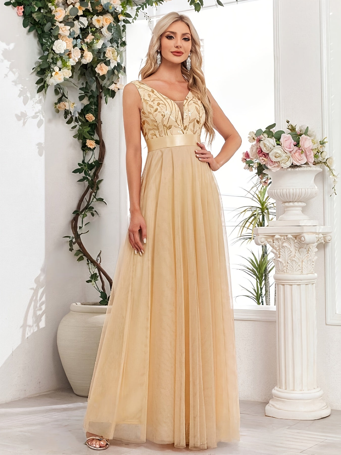 Fashionable Sexy New Women'S Sequin Mesh Patchwork A-Line Party Dress