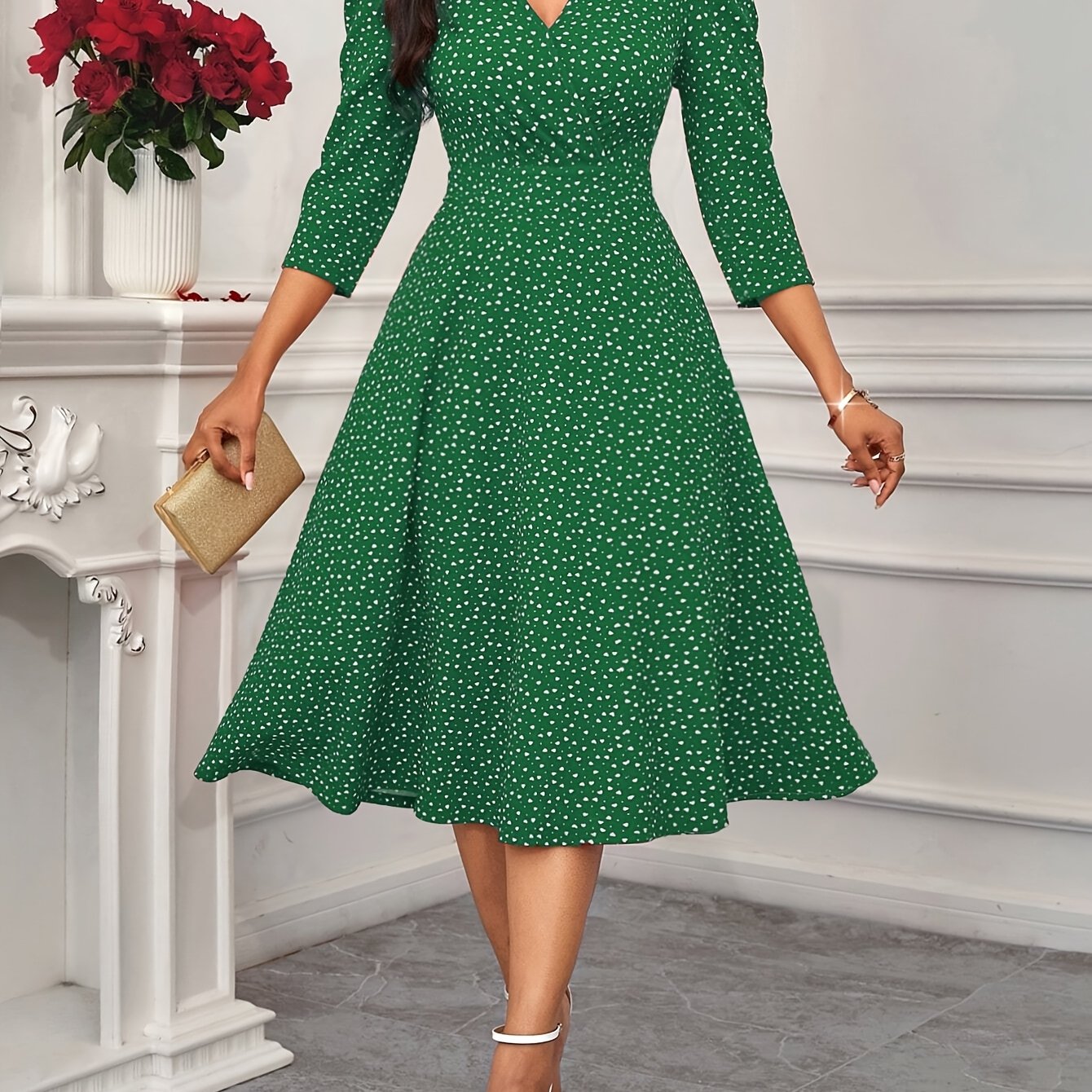 Women'S Valentine'S Day/New Year Party/Daily Work/Four Seasons Suitable Elegant Fashionable Versatile Daily Dating Round Neck Three Quarter Sleeve Waist Flared Long Red Dress, Little Heart Dress