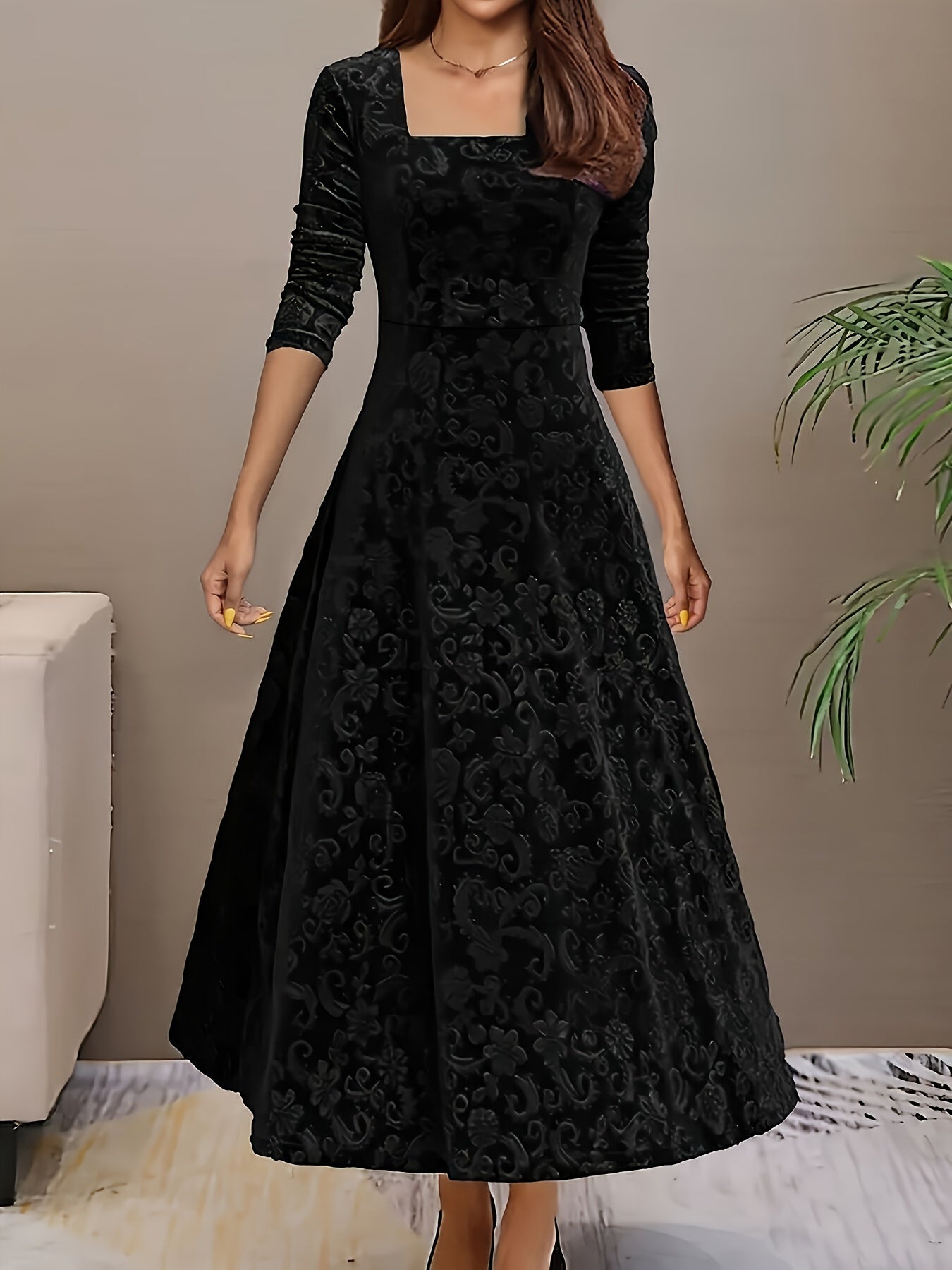 Directional Style Velvet Floral Pattern Long Sleeve Dress New Year Elegant Square Neck Dress