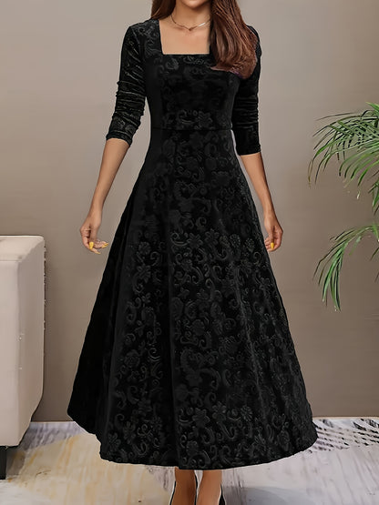 Directional Style Velvet Floral Pattern Long Sleeve Dress New Year Elegant Square Neck Dress
