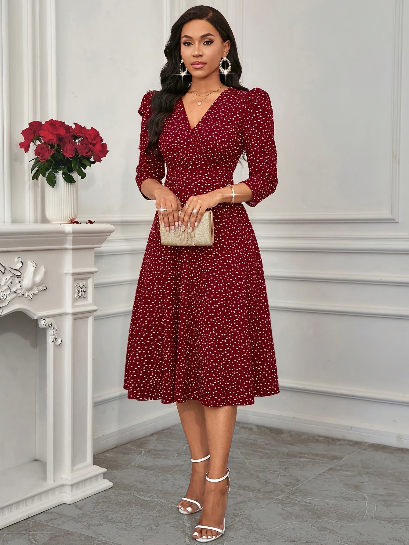 2026 New Valentine's Day, New Year Party, Suitable for Daily Work Wear, Suitable for All Seasons Elegant Fashion Versatile Daily Date V-Neck 3/4 Sleeve Waist Flared Long Red and Blue Women's Elegant Dress, Women's Polka Dot Small Heart Print Dress