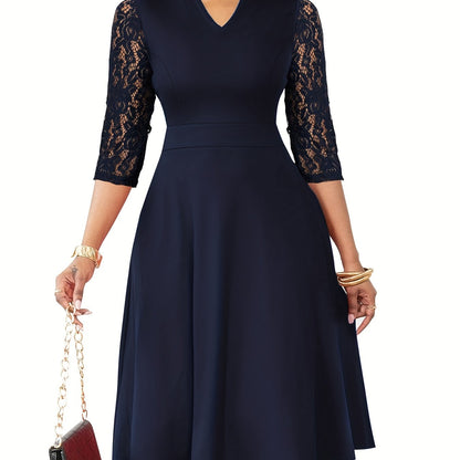 [Elegant V-Neck Lace] Elegant V-Neck Lace Sleeve Midi Dress | Autumn/Winter Women's Fashion, Three-Quarter Sleeve A-Line, Suitable for Formal Occasions, Cocktail Parties, and Gatherings