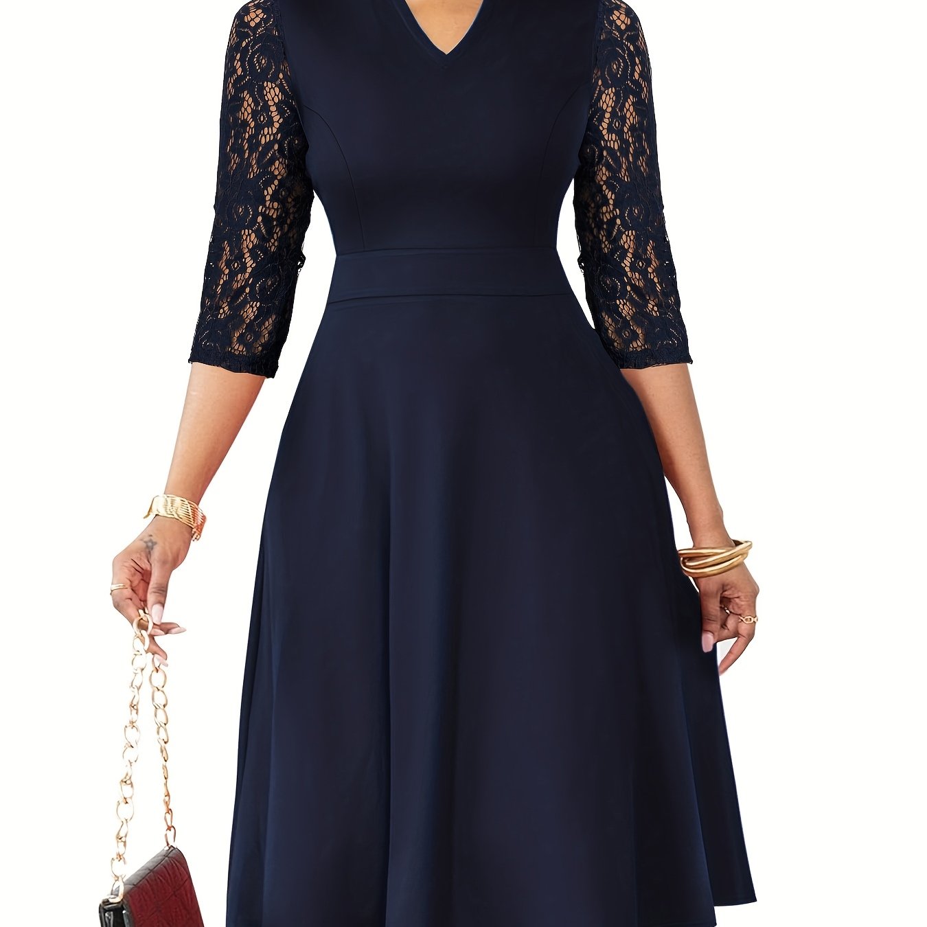 Autumn/Winter Women's Fashion Elegant V-Neck Lace Sleeve Three-Quarter Sleeve A-Line Midi Dress, Suitable for Formal Occasions, Cocktail Parties, and Gatherings
