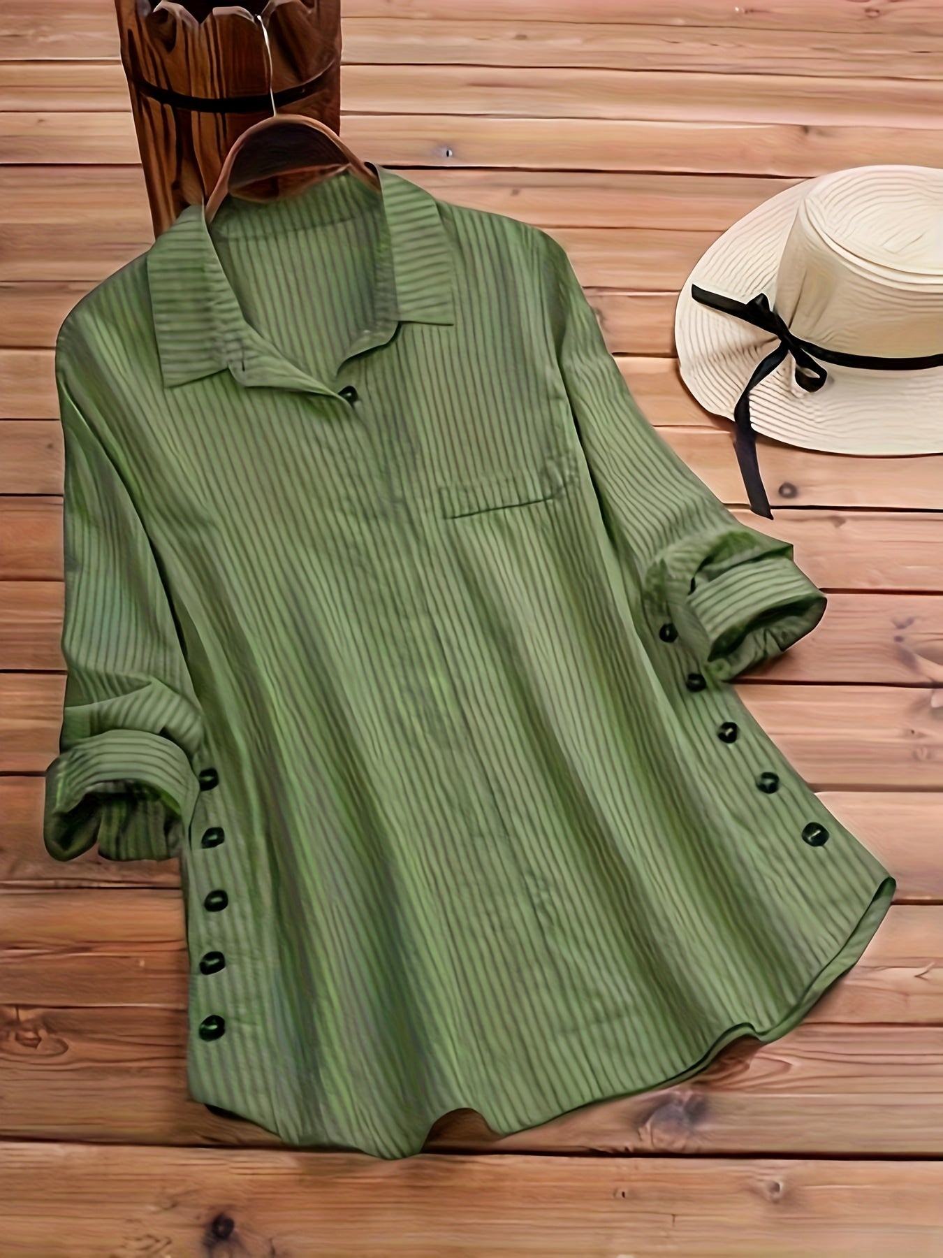 Spring/Autumn New Women's Solid Color Striped Button-Up Faux Pocket Striped Long Sleeve Long Shirt Top