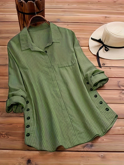 Spring/Autumn New Women's Solid Color Striped Button-Up Faux Pocket Striped Long Sleeve Long Shirt Top