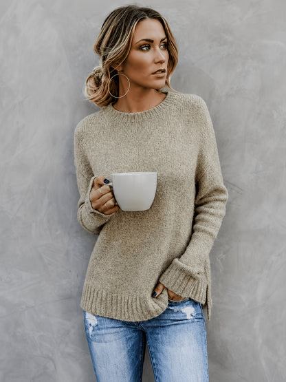 Women'S Casual Commuter Style Retro All-Match Short Front Long Back Slit Round Neck Long Sleeve Sweater Pullover