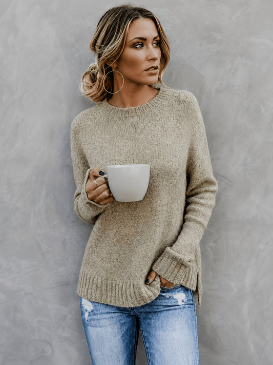 Women'S Casual Commuter Style Retro All-Match Short Front Long Back Slit Round Neck Long Sleeve Sweater Pullover