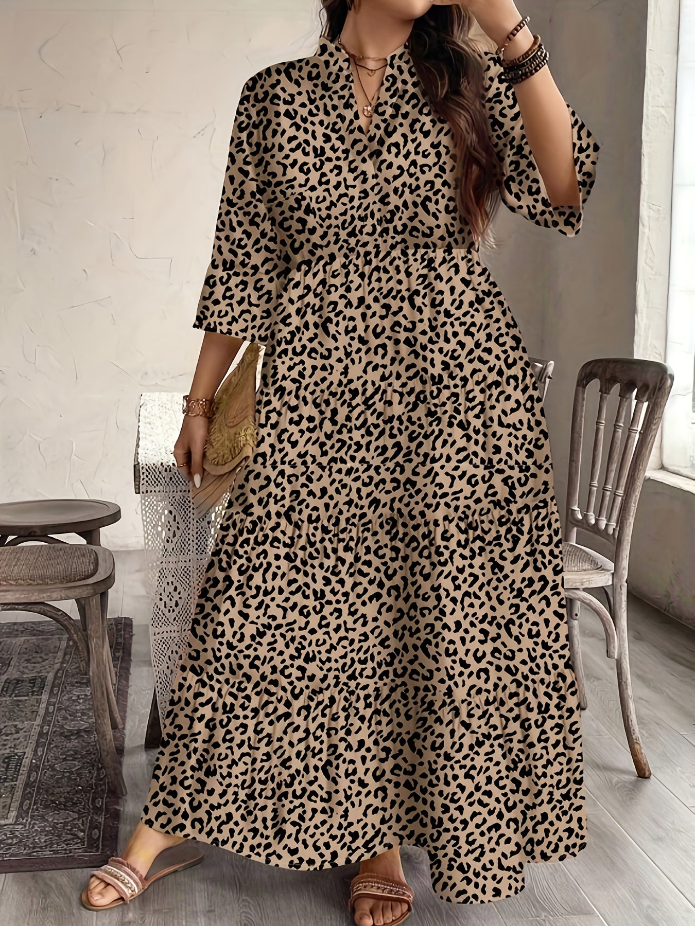 Plus Size Women's Floral Print Shirtdress, Ladies' Fall New 3/4 Sleeve Cake Dress, Fashionable Elegant Long Dress
