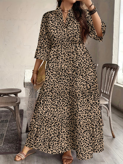 Plus Size Women's Floral Print Shirtdress, Ladies' Fall New 3/4 Sleeve Cake Dress, Fashionable Elegant Long Dress