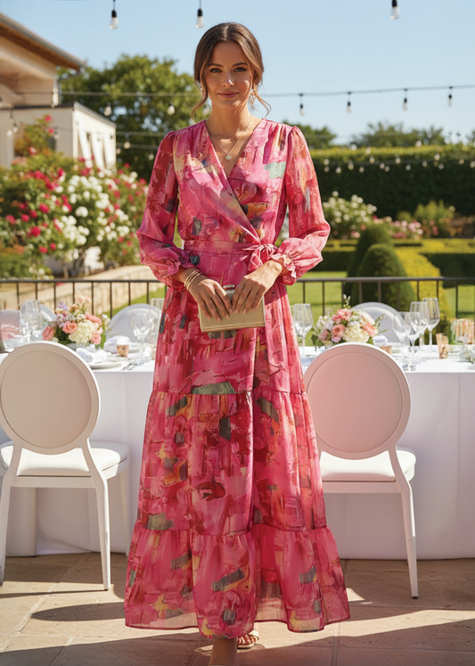 Elegant Pink Floral Maxi Dress for Women with Wrap V Neck Long Sleeve Tiered Ruffle Formal Wedding Guest Style