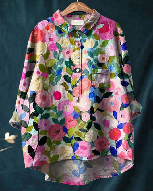 Effortless Floral Print Blouse for Women with Collar Long Sleeve Button Front Relaxed Style