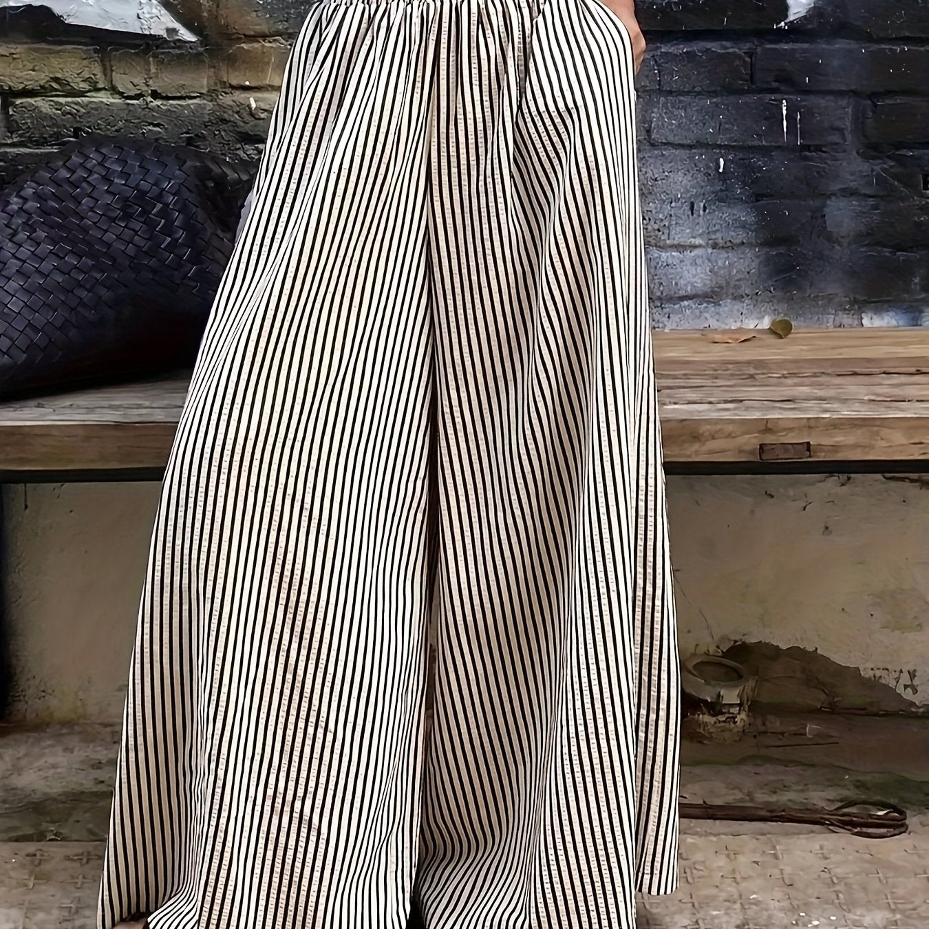 Striped Pocket Wide-Leg Pants for Women, Comfortable for All Seasons