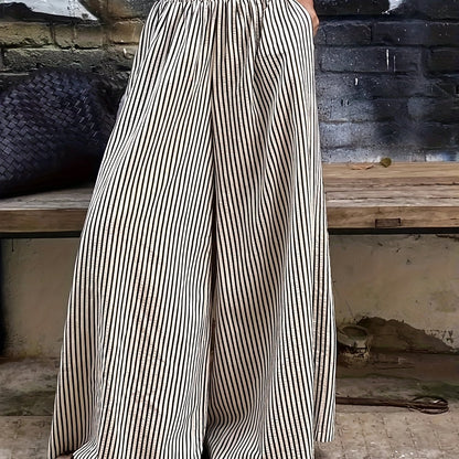 Striped Pocket Wide-Leg Pants for Women, Comfortable for All Seasons