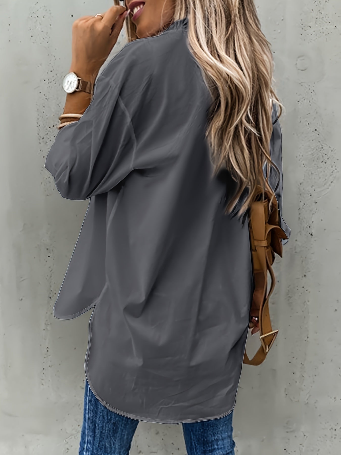 Button Front Long Sleeve Shirt, Casual Solid Office Shirt With Collar, Women's Clothing
