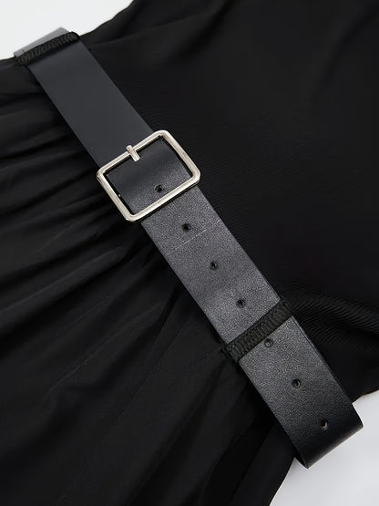 Elegant Black Sleeveless A-Line Midi Dress, Adjustable Waist Belt, Cinched Waist, Flowing Skirt, Round Neck, Perfect for Spring/Summer, Adult Women's Fashion, Formal Event Attire, Sleek Fitted Top