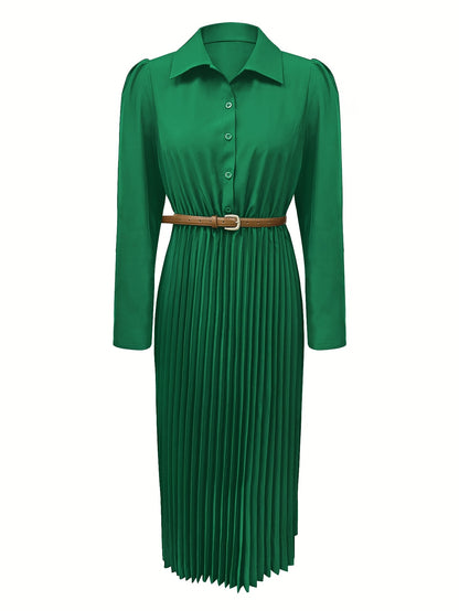 Spring/Autumn Long Sleeve Lapel Elegant Fashion Versatile Ruched Dress with Belt, Women'S